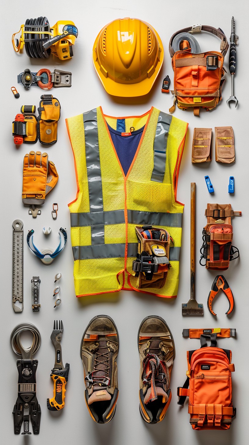 Construction tools and safety equipment neatly arranged, featuring a safety vest, work boots, hard hat, and various hand tools